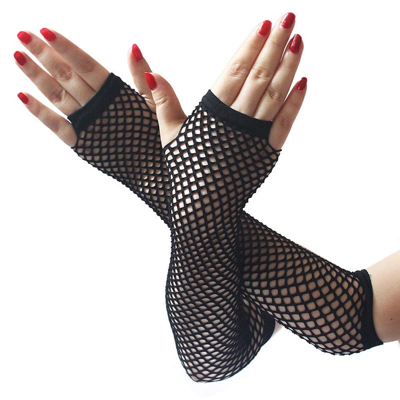 Seeksmile Women's Girls 80's Theme Party Emo Fingerless Arm Fishnet Gloves (Black) - Image 2
